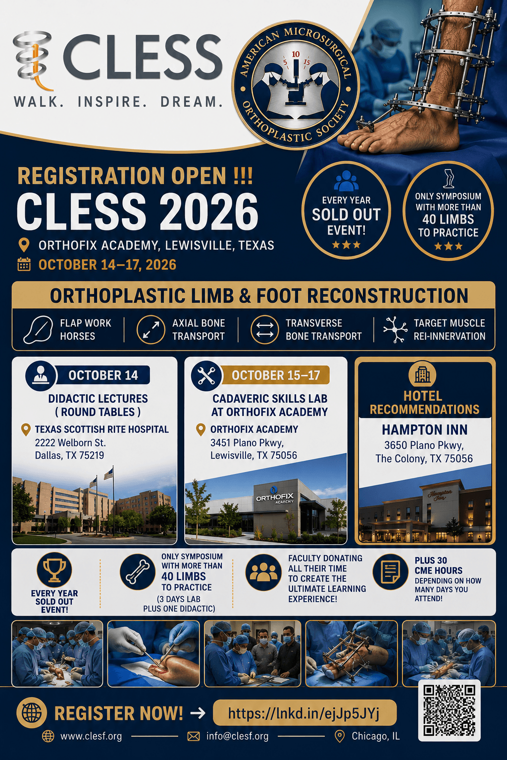 CLESS 2026 — Orthoplastic Limb and Foot Reconstruction. October 14–17, 2026 at Orthofix Academy, Lewisville, Texas.