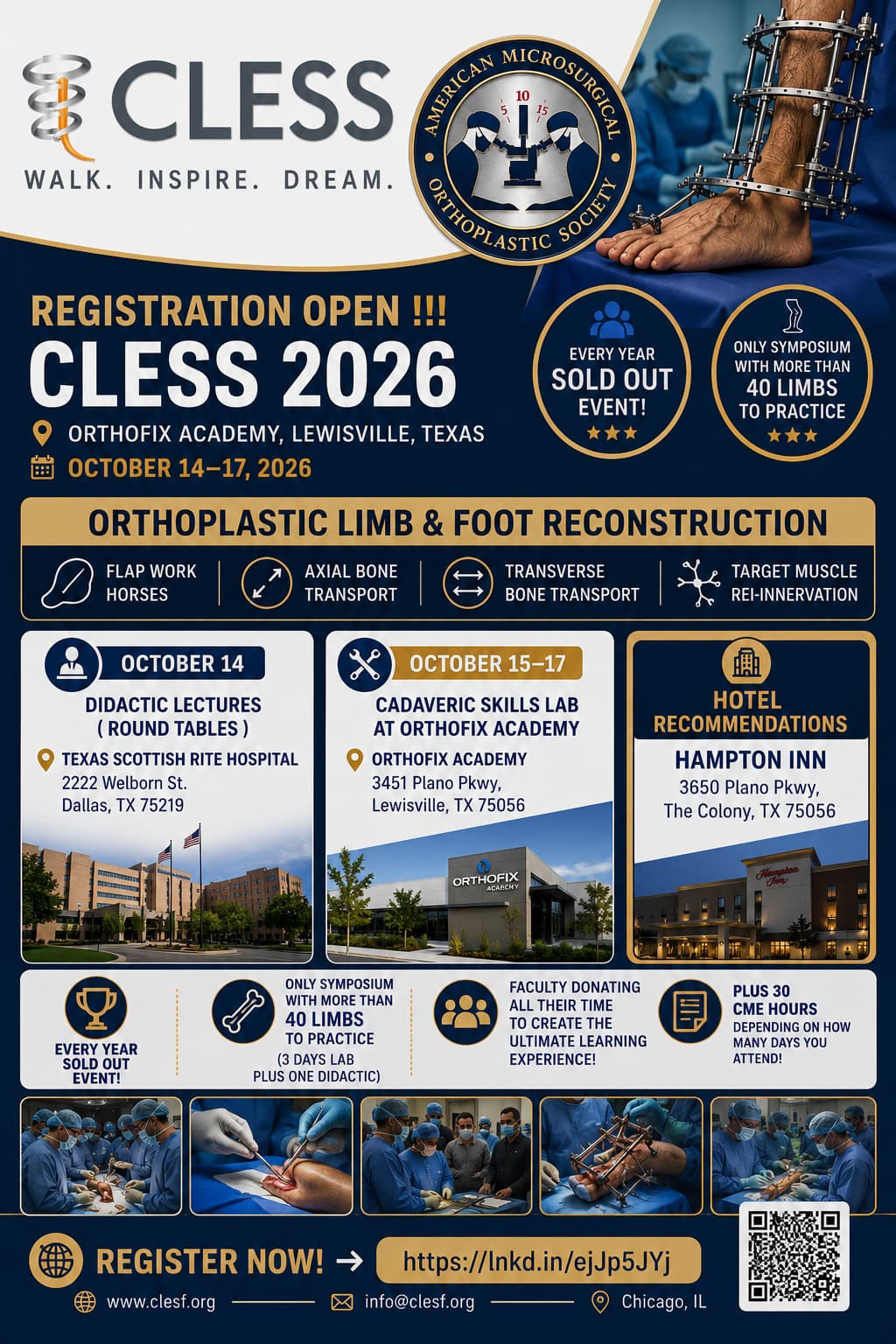 CLESS 2026 — Orthoplastic Limb and Foot Reconstruction. October 14–17, 2026 at Orthofix Academy, Lewisville, Texas.